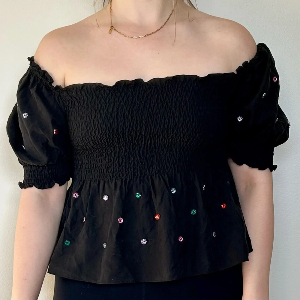 Hill House jewel rhinestone beaded black jammie top - Picture 2 of 4